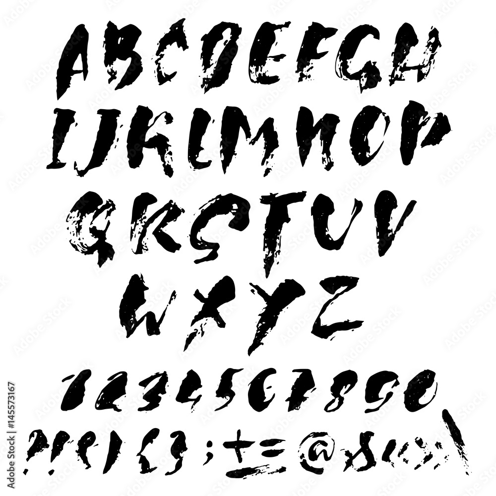 Hand drawn dry brush font. Modern brush lettering. Grunge style alphabet. Vector illustration.