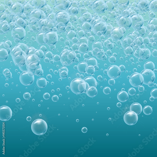 Shampoo falling rain of cool realistic water bubbles. Aqua park, swimming pool, diving club. Soap cleaning foam or shampoo background. For banner, flyer, invitation. Deep sea with bubbles underwater.