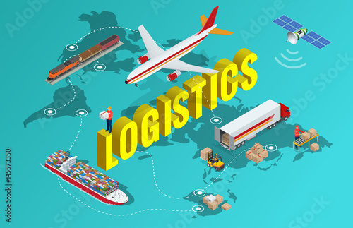 Global logistics network Flat 3d isometric vector illustration Set of air cargo trucking rail transportation maritime shipping On-time delivery Vehicles designed to carry large numbers of China cargo