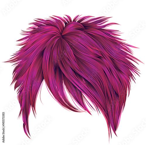 trendy woman short  hairs bright pink colors . fringe . fashion beauty style . realistic  3d .