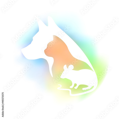 Colored logo for veterinary clinic and pet shop. Vector dog, cat and mouse silhouette on a white background.