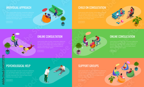 Psychological therapy concept. Coach and support group in individual during psychological therapy. Flat isometric vector illustration.