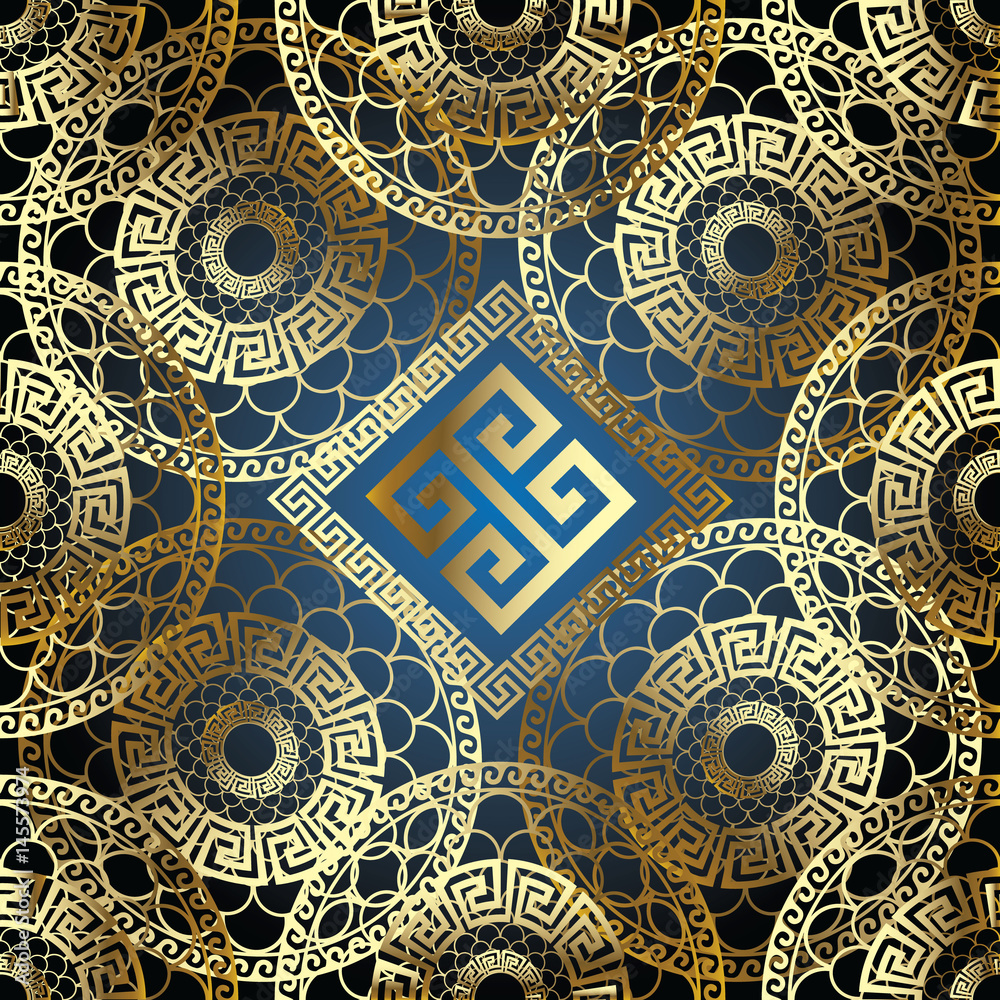 Modern geometric gold 3d seamless pattern with greek key, squares, lace circles and vintage ornaments. Elegant background. Geometrical stylish wallpaper. Luxury vector texture for fabric, textile.