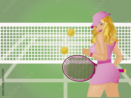 Young beautiful tennis player on the tennis court, background,  vector illustration