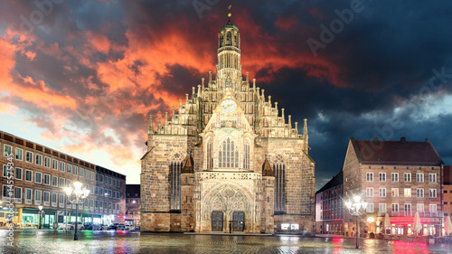 Nuremberg, cathedral Frauenkirche in Hauptmarkt wtih rainbow, Bavaria, Germany