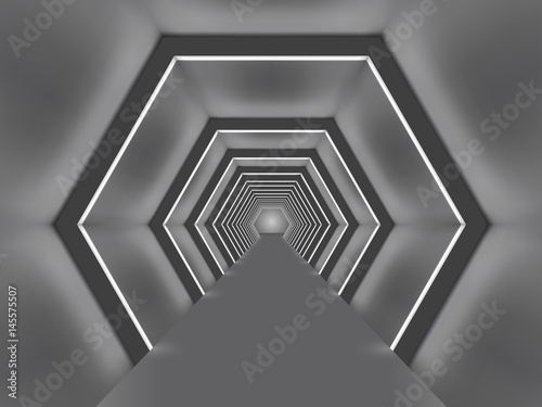 Futuristic illuminated hexagon shaped passage.