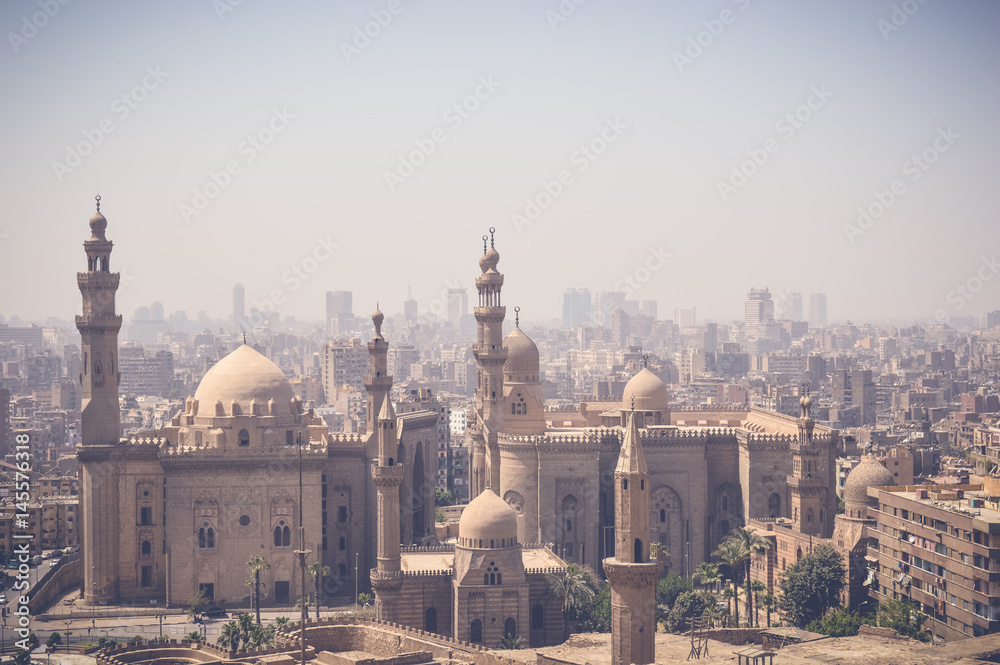 skyline of old buildings with view of mosque at cairo , egypt