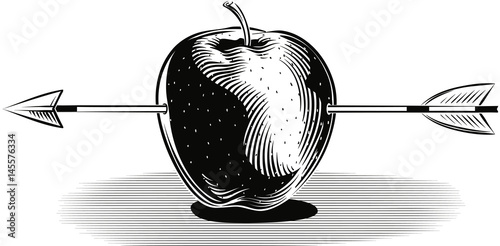 Red apple struck by an arrow.