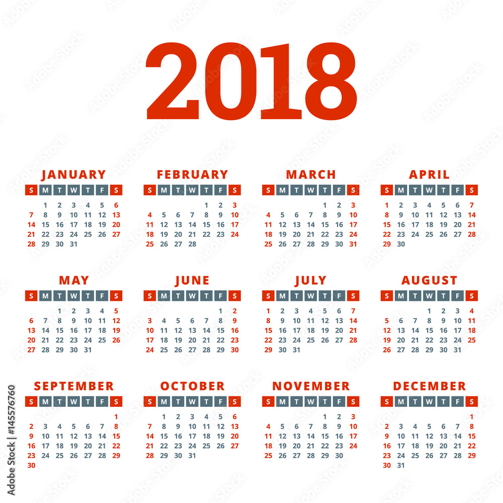Calendar for 2018 Year on White Background. Week Starts on Sunday. 4 columns, 3 rows. Simple Vector Template. Stationery Design Calendar for 2018 Year on White Background. Week Starts on Sunday. 4 columns, 3 rows. Simple Vector Template. Stationery Design