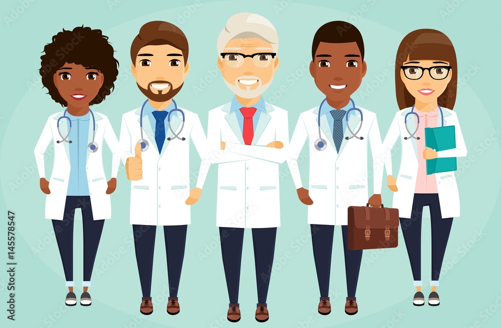 A team of doctors lined up behind the leader. Health, medicine. Different. In flat style on white background. Cartoon.