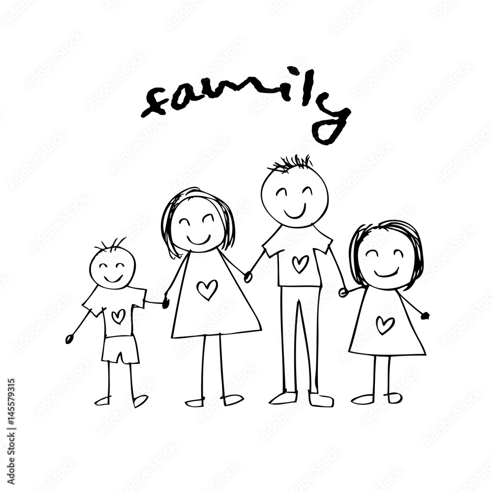 Happy family holding hands and smiling. Hand drawing illustration. Happy family holding hands and smiling. Hand drawing illustration.