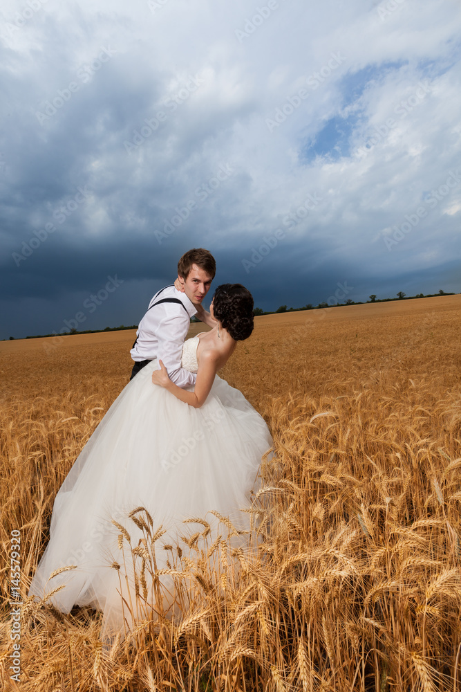 Beautiful bride and groom in wheat field. Happiness and marriage