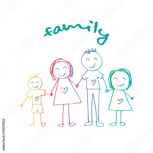 Happy family holding hands and smiling. Hand drawing illustration.