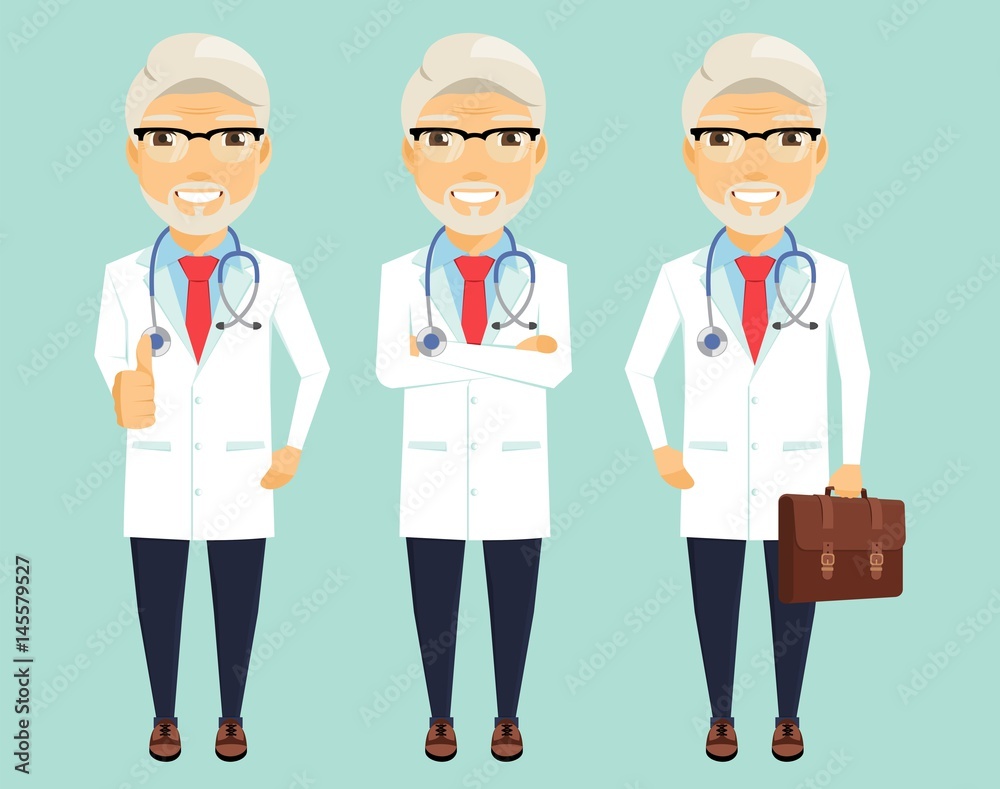 An experienced doctor in different poses on a blue background. Specialist in their field. Holding thumb up, put my hands on his chest, holding a briefcase. In flat style. An experienced doctor in different poses on a blue background. Specialist in their field. Holding thumb up, put my hands on his chest, holding a briefcase. In flat style.