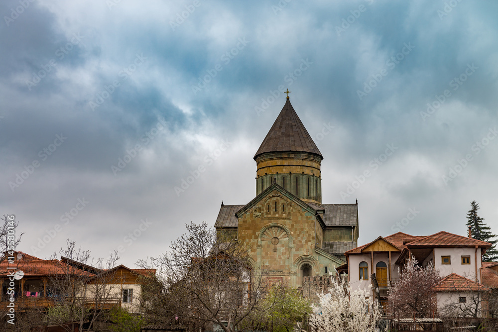 The exteriior Of Mtskheta, Georgia, The Old Town Lies At The Confluence Of The Rivers Mtkvari And Aragvi. Svetitskhoveli Cathedral, Ancient Georgian Orthodox Church, Unesco Heritage In The Center.