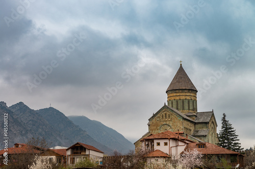 The exteriior Of Mtskheta, Georgia, The Old Town Lies At The Confluence Of The Rivers Mtkvari And Aragvi. Svetitskhoveli Cathedral, Ancient Georgian Orthodox Church, Unesco Heritage In The Center.