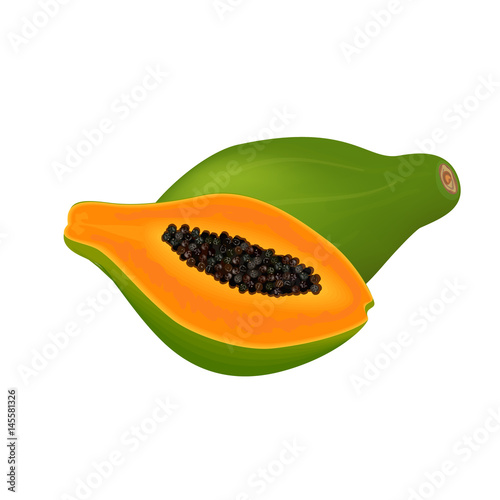 papaya fresh, slices and whole fruit on white background