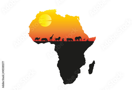 Africa sunset vector illustration with silhouette of wild animals 