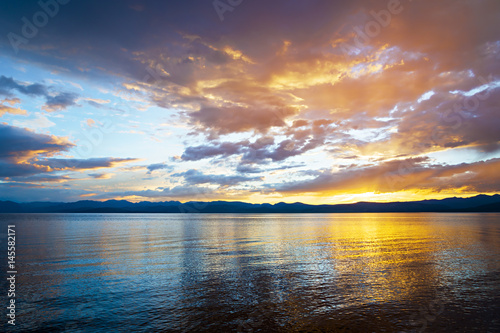 Dramatic sunset over the lake Hovsgol  Mongolia 
