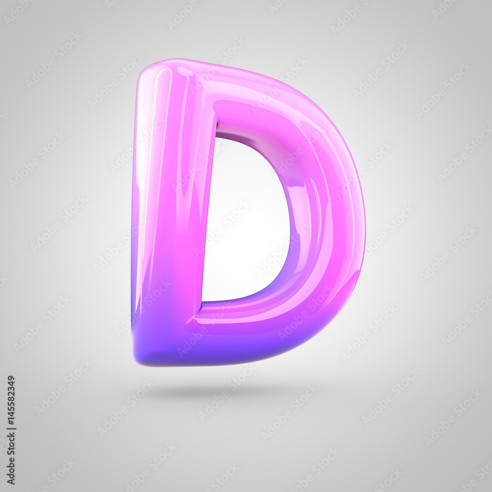 Glossy pink and violet gradient paint alphabet letter D uppercase isolated on white background