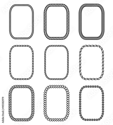 Vector rope set of rectangular frames. Collection of thick and thin borders isolated on white background, consisting of braided cord and string. For decoration and design in nautical style.
