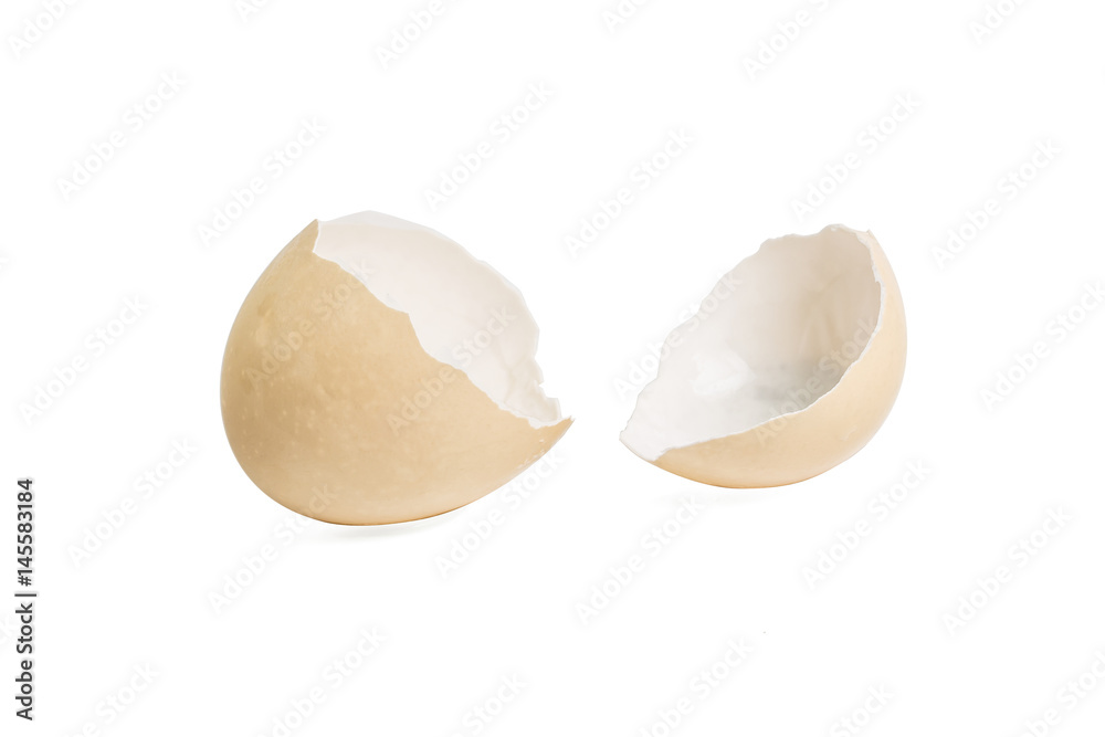 Chicken eggs and egg shell closeup isolated on white background