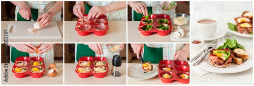 Fotografia A Step by Step Collage of Making Bacon and Egg Cups