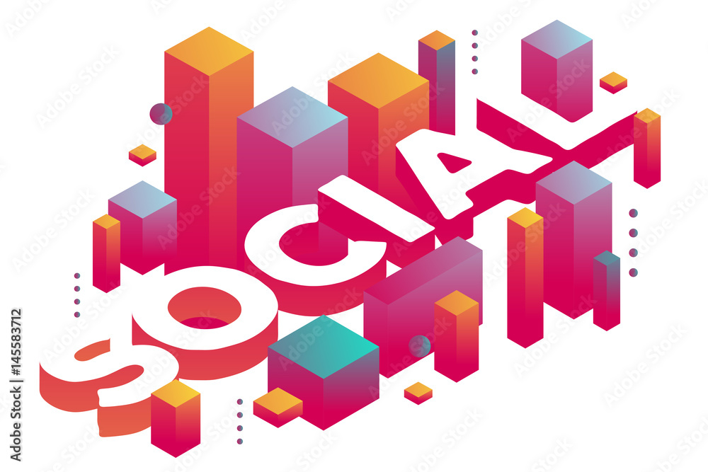 Vector illustration of three dimensional word social with abstract colorful shapes on white background.