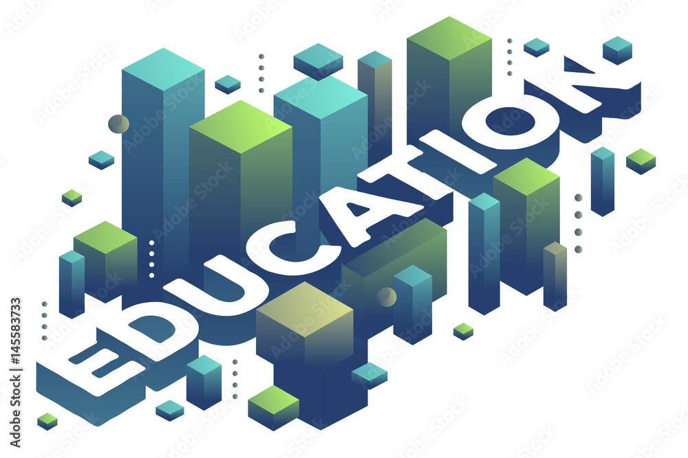 Vector illustration of three dimensional word education with abstract green and blue shapes on white background. Vector illustration of three dimensional word education with abstract green and blue shapes on white background.
