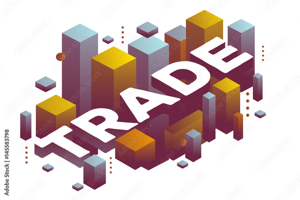 Vector illustration of three dimensional word trade with abstract color shapes on white background. Vector illustration of three dimensional word trade with abstract color shapes on white background.