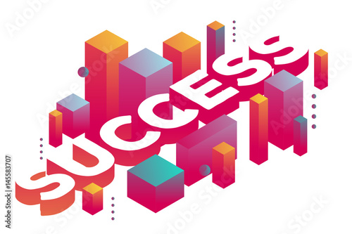 Vector illustration of three dimensional word success with abstract colorful shapes on white background.