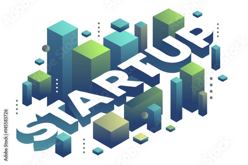 Vector illustration of three dimensional word startup with abstract green and blue shapes on white background.