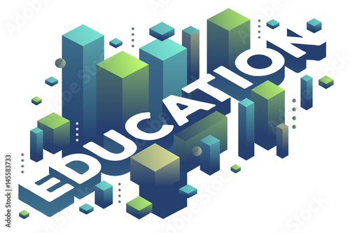 Vector illustration of three dimensional word education with abstract green and blue shapes on white background.