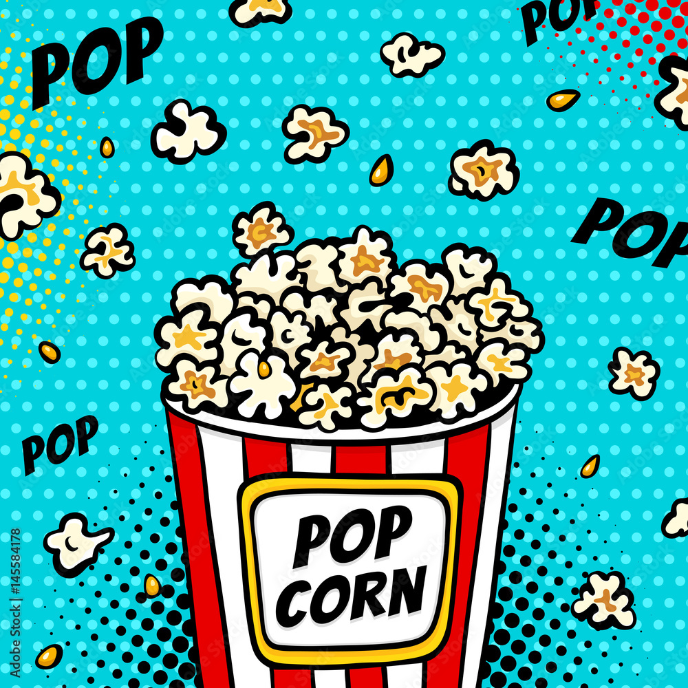 Pop art fast in the cinema. Bright background with popcorn popping out of the box. Vector illustration in comic retro pop art style. Stock Vector | Adobe Stock