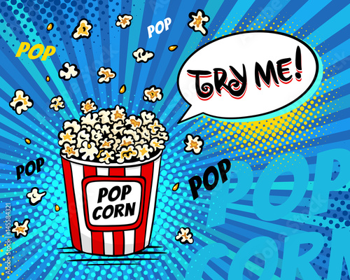 Pop art fast food in the cinema. Bright background with popcorn popping out of the box and try me speech bubble. Vector illustration in comic retro pop art style.