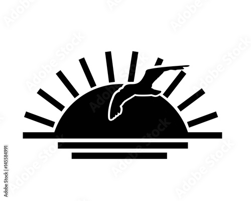pittogramma sole con gabbiano e mare , tramonto silhouette
