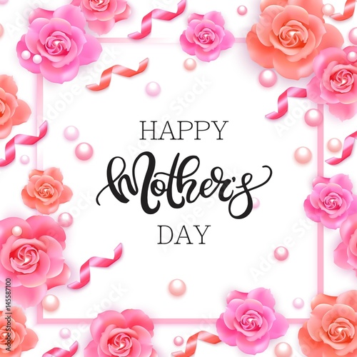 Happy mother's day banner with pink roses © olechkaart
