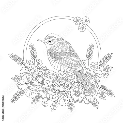 Fantasy bird in flowers. Coloring book for adults and children. Black and white vector illustration.
