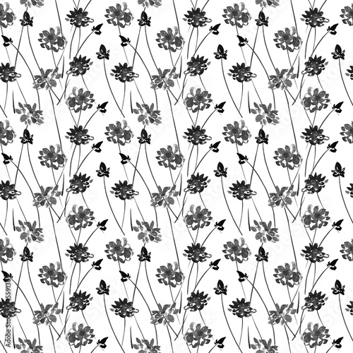 Black and white seamless patterns. Hand drawn watercolor flowers.