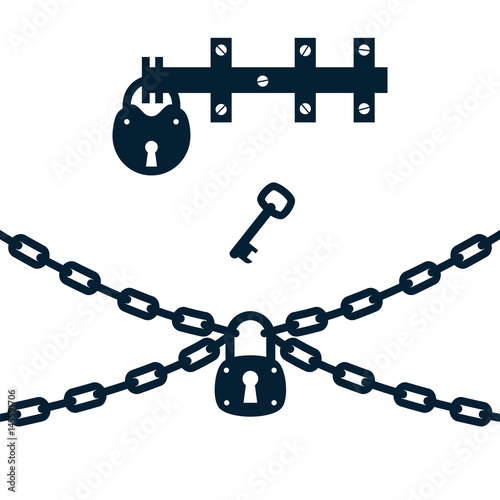 vector illustration of chain, lock and key. Isolated on white background