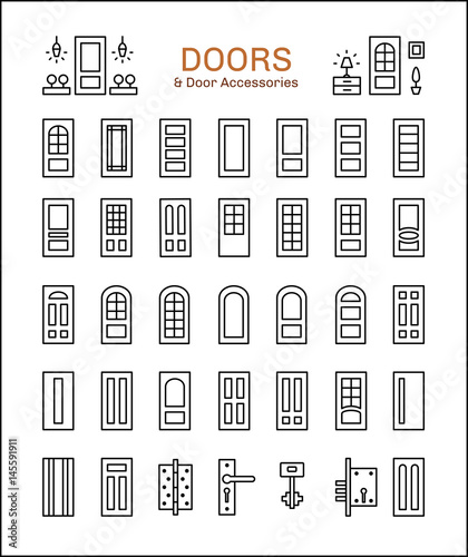 Door and accessories. Line icon set
