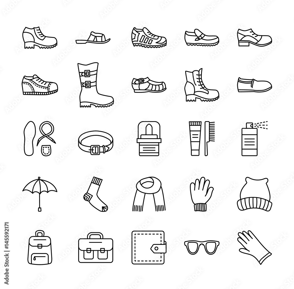 Men's shoes & accessories. Vector line icon collection. Shoe care products.  Boots, sandals, slippers, running shoes. Stock Vector | Adobe Stock