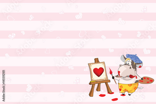 Valentines card with a Cute Cow Painter illustration
