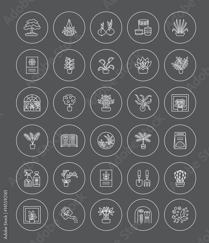 Vector collection of house plants, gardening tools and accessories. Different kinds of flowering and green foliage plants. Line icon set.