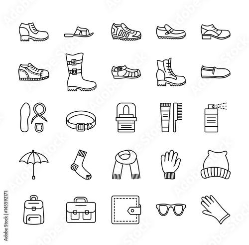 Men's shoes & accessories. Vector line icon collection. Shoe care products. Boots, sandals, slippers, running shoes.