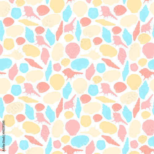 Colorful seashells seamless pattern. Pink, blue and beige colors. Summer mood