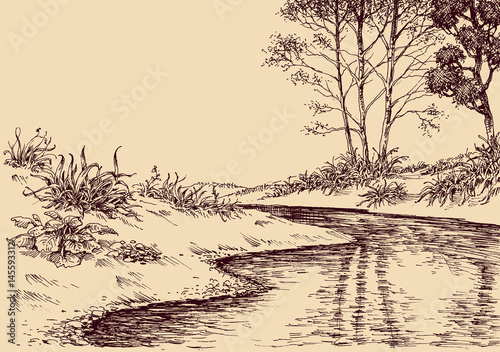 Landscape drawing. River flow and vegetation