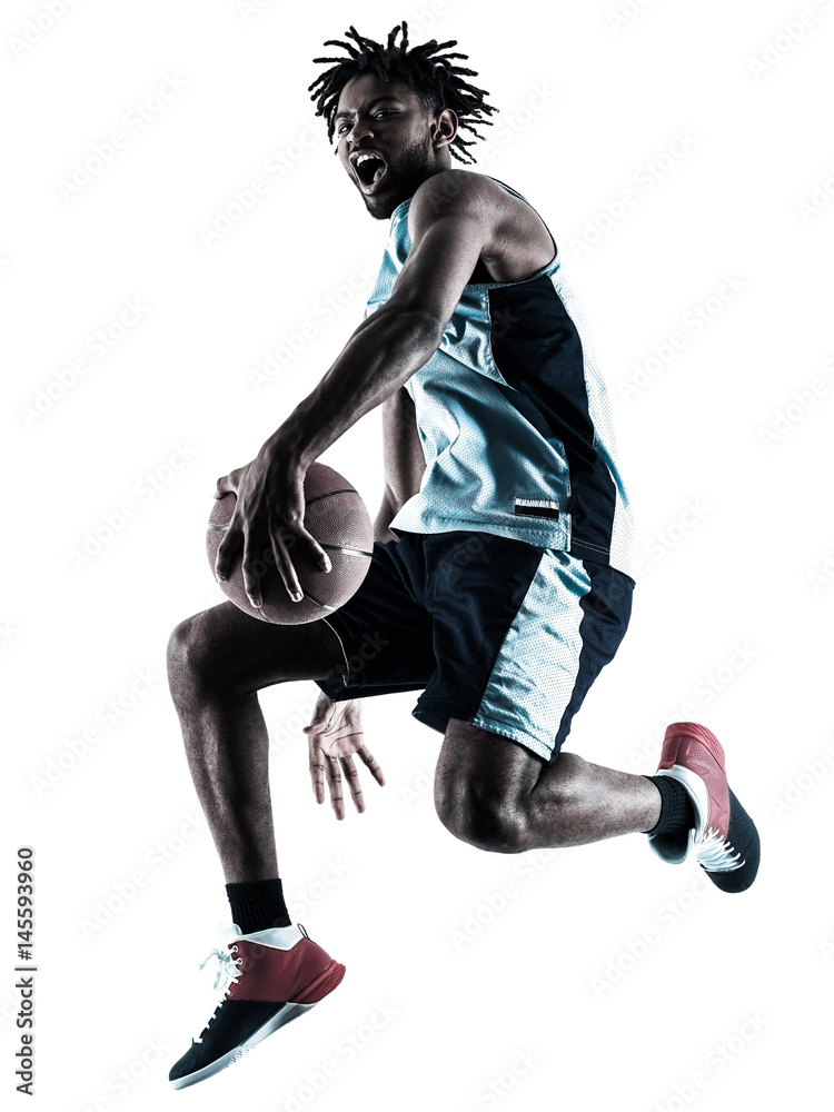 Fototapeta premium one afro-american african basketball player man isolated in silhouette shadow on white background