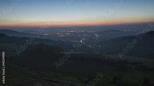 Twilight to Night Time Lapse Transition with City and Car Lights, Vale of Gloucester in United Kingdom