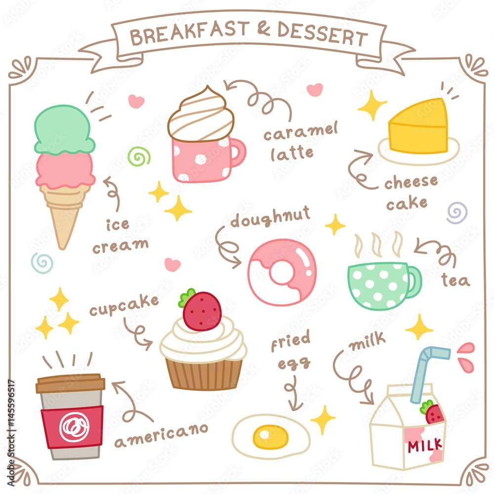 Set of Cute Breakfast and Dessert Doodle 